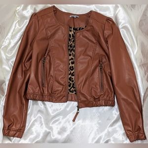 Charlotte Russe Womens Large Terra Cotta "Leather" Bomber Jacket w/Leopard Print